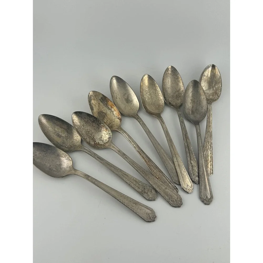 Set of‎ 9 Vintage EPNS Spoons Ornate Handle Tarnished Silverware Flatware